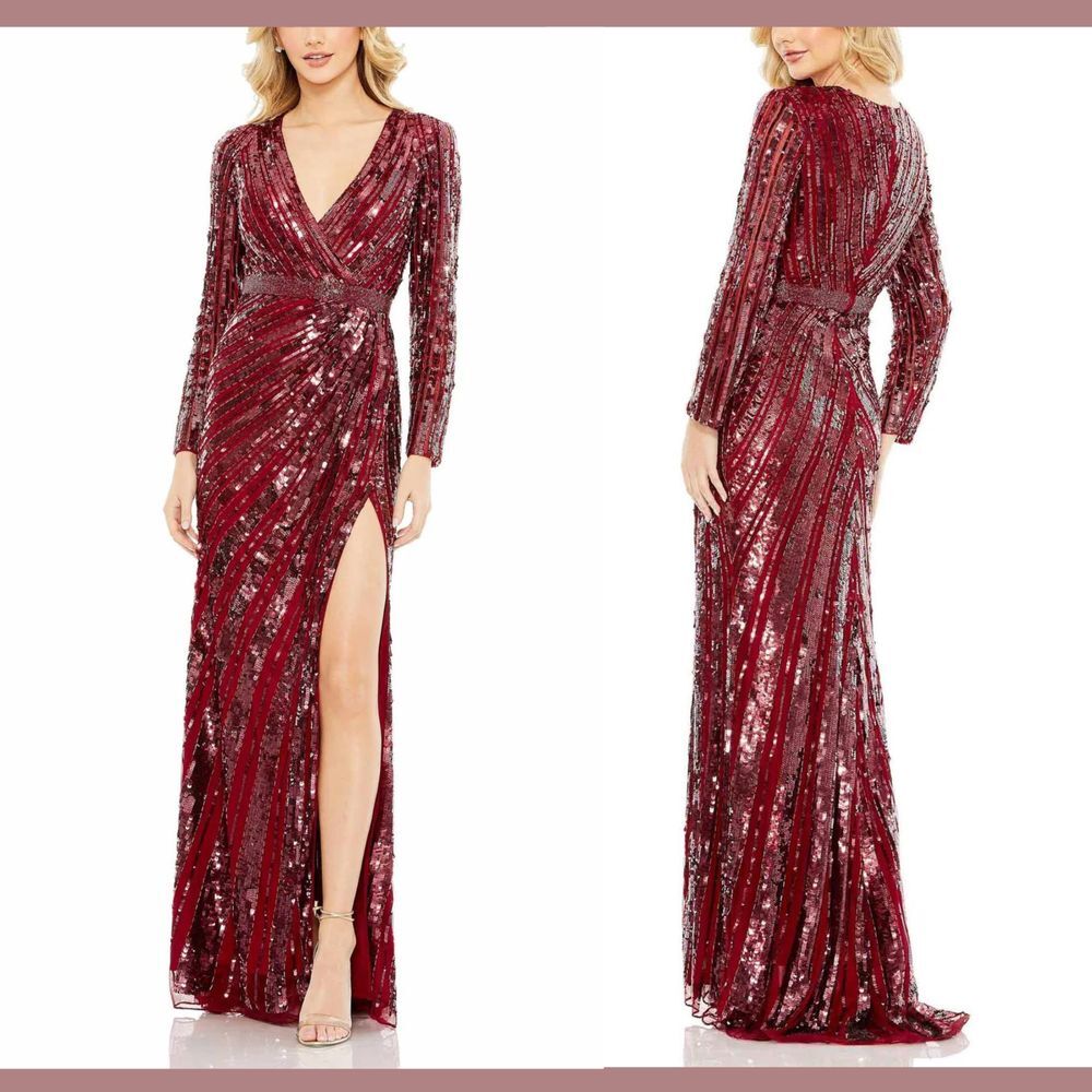 NWT $698 Mac Duggal [ 10 ]‎ 5186 Sequined Long Sleeve V Neck Slit Gown Red #Q827